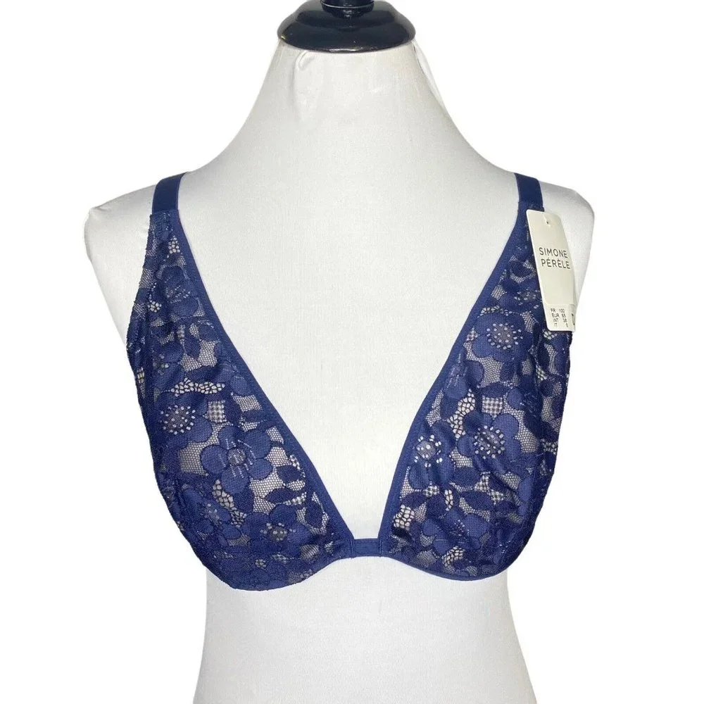 Simone Perele Bra 36D Marguerite Navy Night Blue Underwired Triangle Bra Floral - Picture 4 of 11